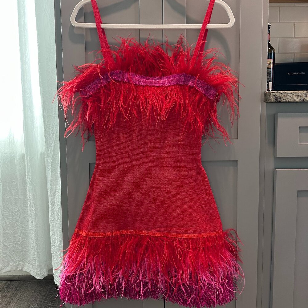 NWT STAUD Blood Orange Pink Etta Feather Mini Dress Size XS